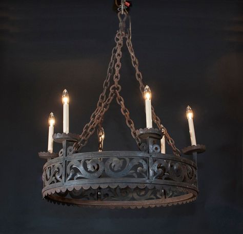 19th Century Iron Gothic Revival Chandelier - French Antique Shop Gothic Victorian Bedroom, Wine Cellar Lighting, Column Decor, Tiny Castle, Gothic Chandelier, Chandelier French, Column Lighting, Medieval Party, Victorian Bedroom