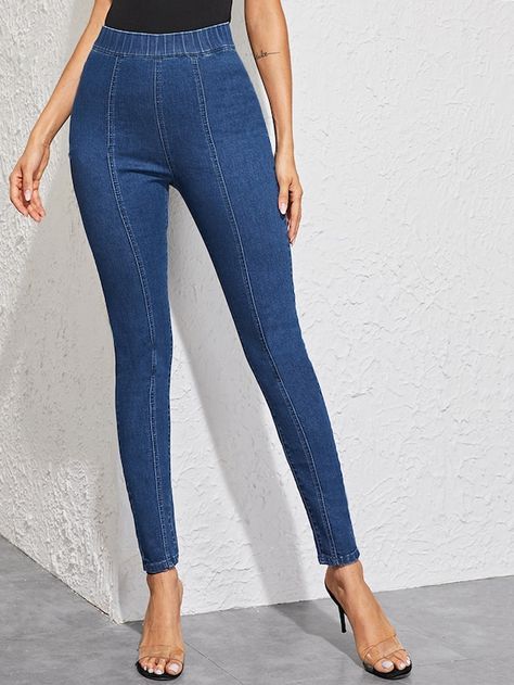 Elastic Hem Skinny Jeans | SHEIN Casual Jeans Outfit Summer, Jeans Outfit Fall, Jeans Outfit Winter, Latest Jeans, Ripped Mom Jeans, Jeans Outfit Summer, Legging Jeans, Jeans Outfit Casual, Fall Jeans