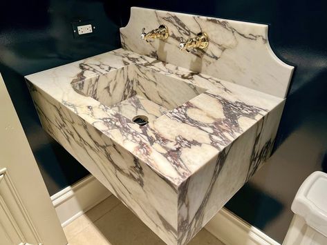 Calacatta Viola Marble Sink Floating Wall Mount for Small Size - Etsy Floating Marble Vanity, Calacatta Viola Marble, Viola Marble, Powder Room Sink, Floating Sink, Calacatta Viola, Powder Room Vanity, Marble Sink, Wall Mounted Sink