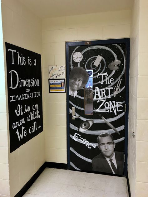 Inspired by another pin, I decorated my classroom door.  I added some original elements from The Twilight Zone tv show and artistic things like Bob Ross and art supplies. 😁 Twilight Zone Halloween Decorations, Interactive Door Decorations, Art Room Door Decoration Ideas, Art Classroom Door Ideas, Twilight Decorations, Art Room Door, Art Classroom Door, Zone Tv, Classroom Door Decorating