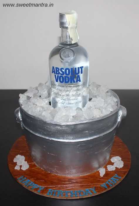 Absolut vodka alcohol bucket shaped 3D cake by Sweet Mantra - Customized 3D cakes Designer Wedding/Engagement cakes in Pune - http://cakesdecor.com/cakes/332111-absolut-vodka-alcohol-bucket-shaped-3d-cake Birthday Cake Vodka, Alcohol Birthday Cake, Liquor Cake, Cake Vodka, Alcohol Cake, Friends Birthday Cake, Fondant Cakes Birthday, Bottle Cake, 60th Birthday Cakes