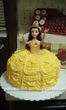 Homemade  Belle Cake: I made this Belle cake using a bundt pan and a 9 inch round pan. Put the bundt cake on top on round cake. I frosted smooth then used stars to make dress. Princess Bundt Cake, Beauty And The Beast Cake, Beauty And The Beast Diy, Homemade Buttercream, Make Dress, Belle Cake, Cake Diy, Barbie Cake, Round Cake