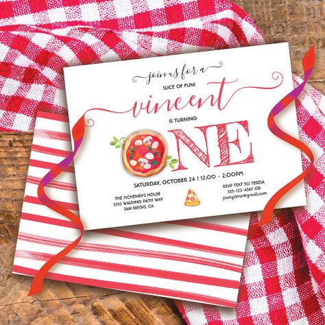 Pizza Party 1st Birthday Modern for $2.85 - Birthday Invitations Slice Of Fun Turning One, Italian 1st Birthday Party, 1st Birthday Pizza Theme, Pizza 1st Birthday Party, First Birthday Pizza Party Theme, Birthday Theme Ideas For Kids, Pizza Themed 1st Birthday Party, Italian First Birthday Party, Pizza First Birthday Party