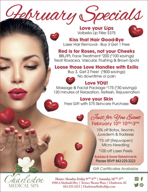 February Med Spa Specials, Medspa Valentines Day, Valentines Esthetician Specials, Valentine’s Day Salon Specials, Valentines Spa Specials, Valentines Specials For Salon, Valentine’s Day Spa Specials, Spa Promotion Ideas, Valentine Promotion