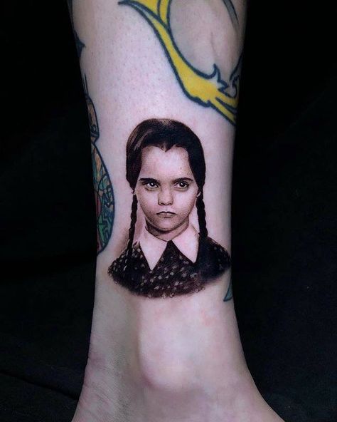 Wednesday Addams Micro Portrait Tattoo by Pony Lawson #tattoos #tattooartist #blackandgrey #blackandgray Addams Family Tattoo, Wednesday Addams Tattoo, Anchor Tattoo Design, Portrait Study, Scary Tattoos, Tattoo Prices, Tattoo Templates, Geniale Tattoos, Spooky Tattoos