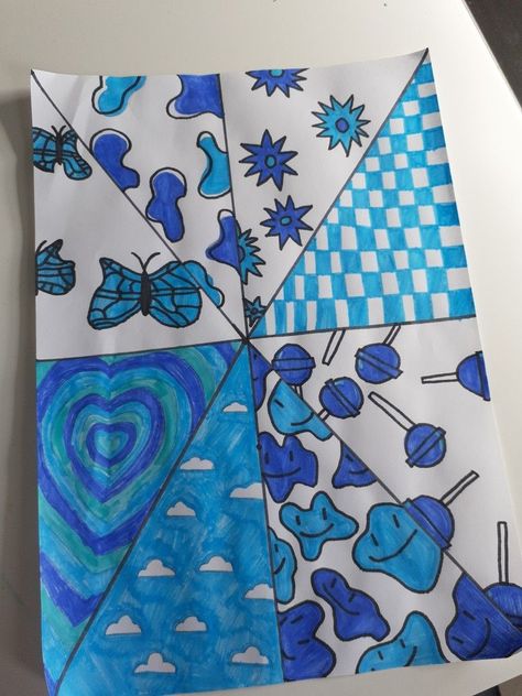 Blue Doodle Art, Easy Aesthetic Drawings With Color, Aesthetic Triangle Art, Blue Drawings Easy, Blue Aesthetic Drawing, Blue Drawings Aesthetic, Asthetic Drawings Simple, Triangle Drawing, Sisters Drawing