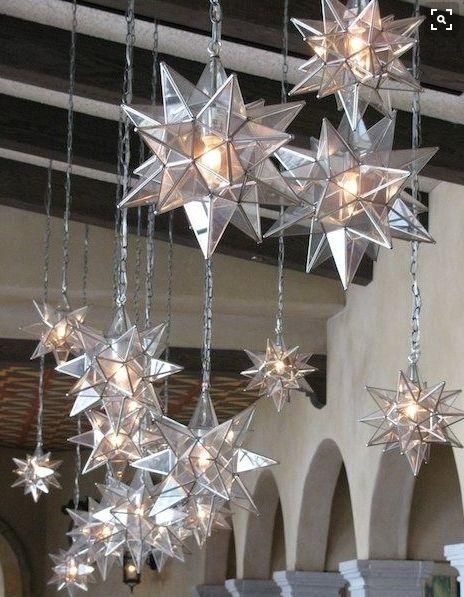 Lighting - Give your room a character and texture with these Moravian Star Pendants in a silver metal frame with antique glass panels. Moravian Star Light, Moravian Star, Star Pendant Lighting, Beautiful Stars, Star Lights, Dining Chandelier, Celestial Wedding, Glass Stars, Wood Beams