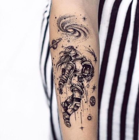 Female Space Tattoo, Space Themed Tattoos, Astronomy Tattoo, Solar System Tattoo, Astronaut Tattoo, Planet Tattoos, Jellyfish Tattoo, Galaxy Tattoo, Alien Tattoo