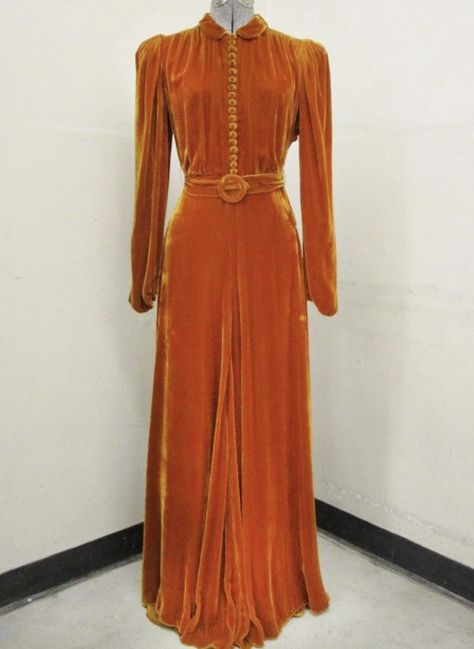 Vintage Orange Dress, International Velvet, Fire Woman, Velvet Long Sleeve Dress, Velvet Dressing Gown, Bursitis Hip, Graduation Gown, Long Sleeve Velvet Dress, 1930s Dress