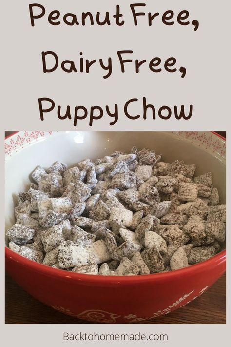 Peanut free, dairy free, gluten free Puppy Chow (Muddy Buddies) recipe. Peanut Free Puppy Chow, Dairy Free Puppy Chow, Gluten Free Puppy Chow, Puppy Chow Recipe, Chow Recipe, Puppy Chow Recipes, Free Puppies, Dairy Free Gluten Free, Puppy Chow