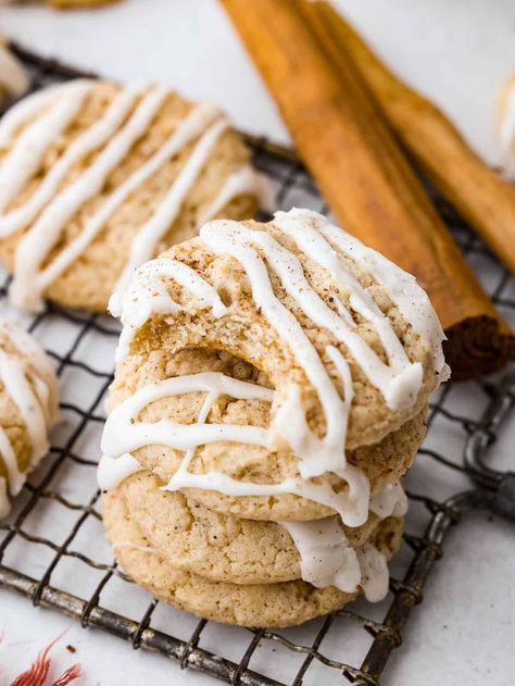 These eggnog cookies are soft, chewy, and beautifully flavored with hints of cinnamon and nutmeg. They are going to become fast favorites with their heavenly eggnog glaze! Snickerdoodle Eggnog Cookies, Eggnog Latte Cookies, Eggnog Cookies Christmas, Eggnog Christmas Cookies, Eggnog Cookies Recipe, Nutmeg Cookies, Egg Nog Cookies, Eggnog Snickerdoodles, Eggnog Cookie