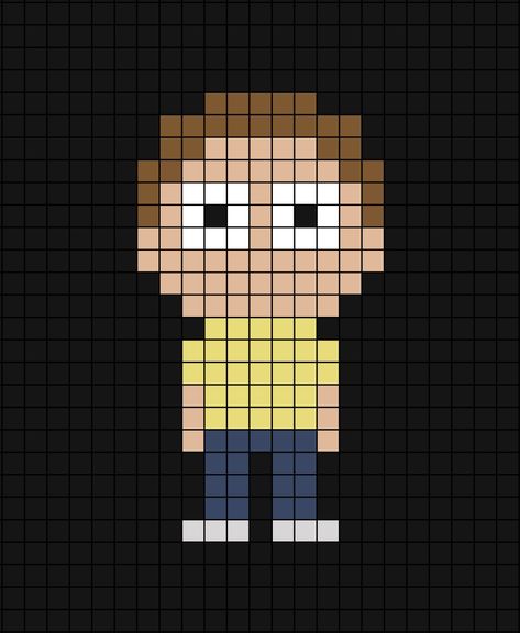 A pixel art template of Morty Smith from the cartoon Rick and Morty.

Originally made by Bill on free bead patterns - though I've changed a couple bits up. Minecraft Rick And Morty, Perler Bead Patterns Rick And Morty, Pickle Rick Pixel Art, Rick And Morty Pixel Art Grid, Rick And Morty Perler Bead Patterns, Rick And Morty Minecraft, Pixel Minecraft Art, Rick And Morty Perler Beads, Rick And Morty Pixel Art