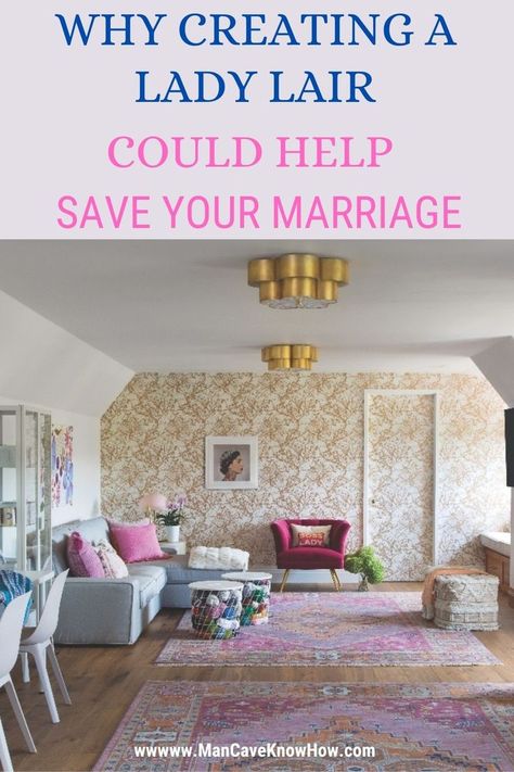 4 Ways a lady lair can help you to save your marriage. SEE PINS BELOW FOR PRODUCTS. It isn't the only the woman who benefits from creating a girl cave. #affiliate #prettyinpink #pink #savemarriage She Room Woman Cave, Ladies Lounge Woman Cave, Lady Cave Ideas, Creative Nicknames, Lady Lounge, Lady Lair, Save Your Marriage, Girl Cave, Woman Cave