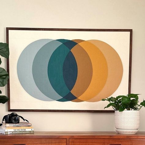 Lisa Marie on Instagram: "✨Hello, lovely! ✨ The Watercolor Eclipse Quilt designed by Cotton & Bourbon is a looker! As in pull up a chair and gander for a few minutes. It pairs perfectly with the MCM style of our home, yet versatile enough to slide into any decor style.   The best size! At 49"x 32", this piece is perfect for a variety of spaces; above a bed, crib, credenza, buffet, console table, fireplace, sofa, or media console. The custom-made wood frame turns this quilted wall hanging into an amazing work of art. A unique, one-of-a-kind piece of art that is sure to be a conversation piece in your home or office. (I'm working on two commission pieces of this design already. One, for a yoga studio in the chakra colors. Two, as a wedding gift. Think of it as a modern-day wedding ring quilt Eclipse Quilt, Quilted Tapestry, Fireplace Sofa, Bed Crib, Table Fireplace, Mcm Style, Quilted Wall Hanging, Buffet Console, Chakra Colors