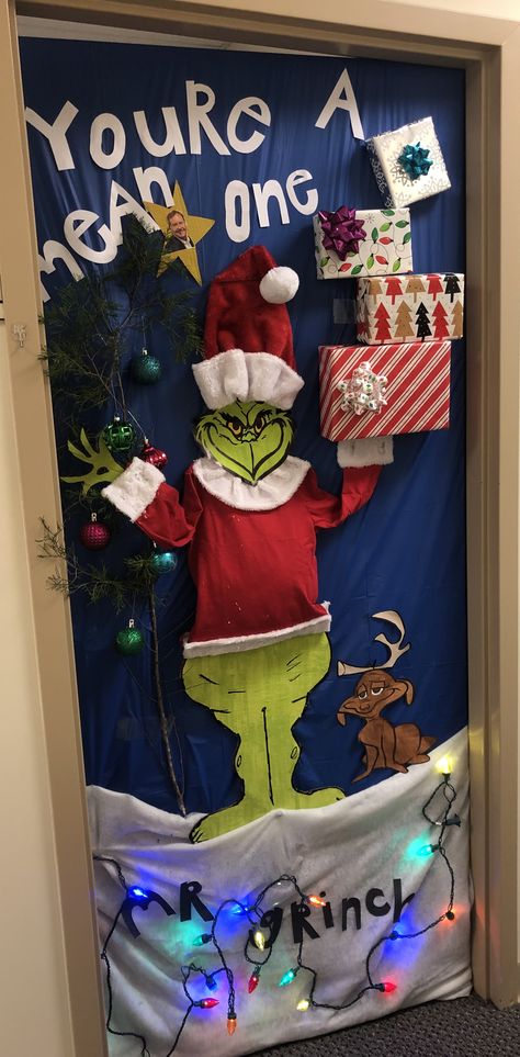 Grinch Themed Door Decorating Contest, Christmas Door Inspo Classroom, Grinch Door Contest, Christmas Themed Door Decorations, Christmas Door Ideas For Classroom Grinch, Grinch Christmas Door Ideas, Christmas Door Decorations The Grinch, Grinch Themed Door Decorations, Door Design Christmas Classroom