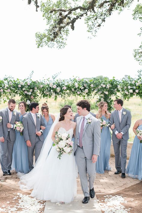 Dusty Blue and Gray Wedding Party Attire for A Summer Wedding Full of Flowers and Faith Dusty Blue Gray Wedding, Groomsmen Attire With Dusty Blue Bridesmaids, Dusty Blue And Grey Wedding Party, Dusty Blue And Sage Groomsmen Attire, Dusty Blue Grey Wedding, Grey And Blue Wedding Party, Dusty Blue Wedding Groomsmen Attire, Blue Gray Wedding Theme, Dusty Blue Wedding Party Attire