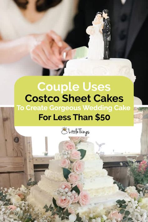 Wedding Cake Costco, Sheet Cakes For Weddings Reception, Costco Cake Wedding, Wedding Cake Diy Make Your Own, Costco Wedding Cake Hack, Wedding Cake For 200 Guests, Costco Sheet Cake Wedding, Sheet Cake Wedding Cakes, Grocery Store Wedding Cake