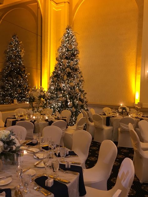 Christmas decor -Grand Ballroom at Historic Hotel Bethlehem, 2015 Christmas Ballroom Decor, Winter Wedding Ballroom, Christmas Party Venue Decorations, Christmas Venue Decor, Hotel Christmas Party, Christmas Gala Aesthetic, Christmas Venue Decorations, White Christmas Wedding Decorations, Winter Wedding Astethic