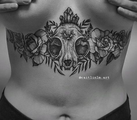 Dark Feminine Sternum Tattoos, Witchy Stomach Tattoo, Dark Sternum Tattoo, Stomach Tattoos Women Plus Size, Upper Stomach Tattoos Women, Sternum Tattoo Plus Size Women, Goth Sternum Tattoo, Chest Neck Tattoo, Deer Tattoos