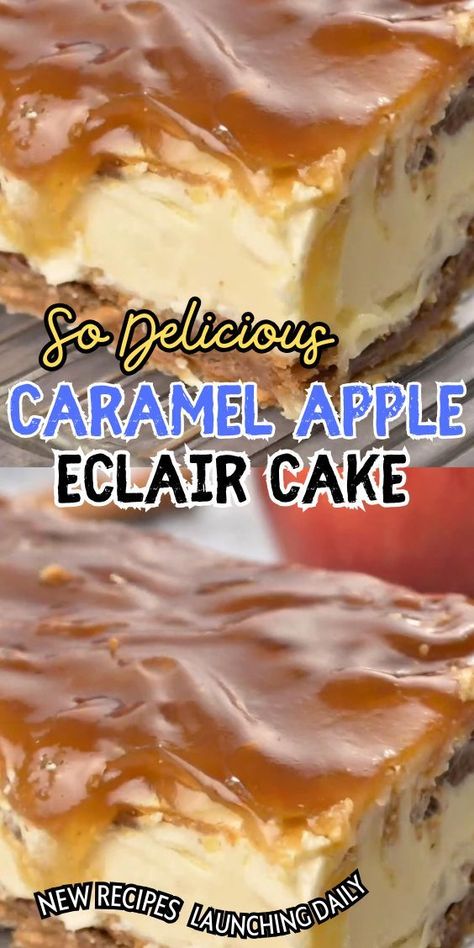 Oh, let me tell you about the scrumptious Caramel Apple Eclair Cake! This delightful dessert is an absolute treat for the taste buds. Picture this: layers of creamy filling, tender apple slices, and gooey caramel sauce, all sandwiched between light and airy eclair pastry. Each bite is a taste of heaven! The combination of the tangy apples and sweet caramel creates the perfect balance of flavors. Apple Eclair Cake, Apple Eclair, Box Cakes, Canned Apple Pie Filling, Apple Treat, Caramel Dip, Eclair Cake, Gooey Caramel, Layered Desserts