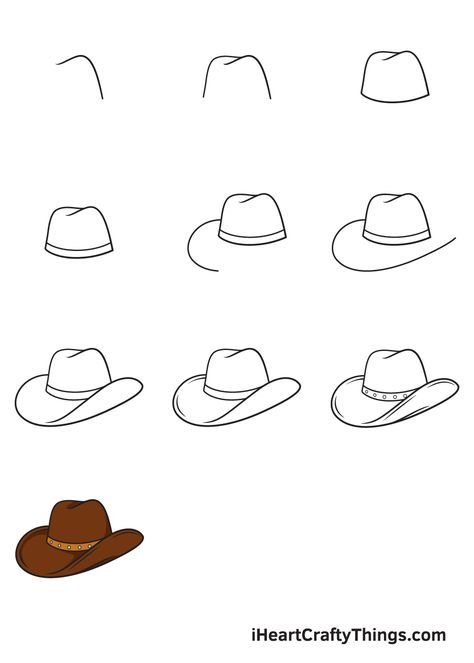 How to Draw a Cowboy Hat — Step by Step Guide Step By Step Cowboy Hat Drawing, How To Draw A Horse Shoe, Drawings Of Cowboy Hats, Cute Easy Western Drawings, Drawing A Cowboy Hat, Cowgirl Boot Drawing Easy, Cowgirl Hat Drawing Easy, How To Draw A Cowboy Hat Step By Step, Country Things To Draw Easy