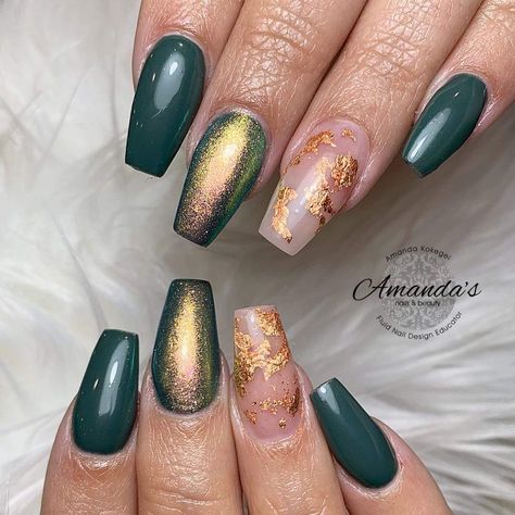 Teal And Copper Nails, Green And Copper Nails, Teal Blue Nails Designs, Fall Almond Nails, Teal And Copper, Emerald Nails, Gold Acrylic Nails, Copper Nails, Turquoise Nails