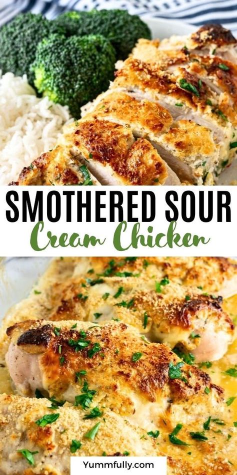 The secret to this fork-tender baked chicken is in the creamy, cheesy sauce. Smothered Sour Cream Chicken is easy to prepare and turns out perfect every time. A mixture of sour cream, parmesan cheese, herbs, and spices plus melty mozzarella make this dish irresistible! Cream Chicken Recipes, Cream Chicken, Sour Cream Chicken, Sour Cream Recipes, Easy Baked Chicken, Chicken Tender Recipes, Favorite Recipes Dinner, Baked Chicken Breast, Chicken Recipes Casserole