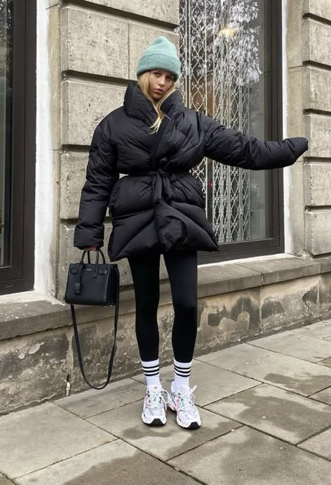 Adidas Puffer Jacket Outfit, Down Jacket Outfit Winter, Black Puffer Jacket Outfit Snow, Black Long Puffer Jacket Outfit, Luxury Black Chic Puffer Jacket, Socks Aesthetic Outfit, Oversized Black Puffer Jacket, Black Sporty Puffer Parka, Puff Jacket Outfit