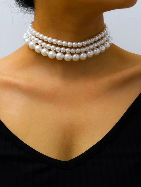 Colar Chocker, Diy Choker, Pearl Necklace Designs, Pearl Accessories, Pearl Necklace Set, Party Necklace, Choker Necklace Set, Pearl Choker Necklace, Jewelry Choker