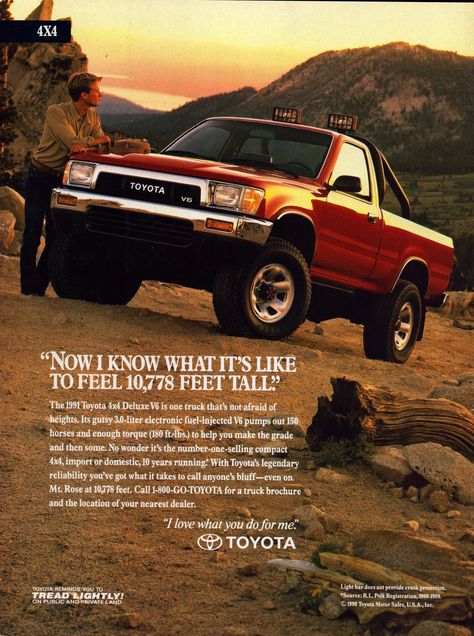 1991 Toyota 4x4 Deluxe V6 Truck Vintage Print Ad, Mt. Rose at 10,778 Feet, Retro Classic Truck Advertisement, Wall Decor, Man Cave, Gift Vintage ads make wonderful gifts for any occasion! 1991 Original Vintage Magazine Print Ad. All advertisements are carefully removed from the source and are completely original. No copies, reprints or reproductions of any kind. Perfect for framing! Approximate size 8.25" x 11". Toyota V6, 2000 Toyota Tundra, Car Advertising Design, Illustrated Magazine, Automobile Advertising, Bjorn Borg, Magazine Advertisement, Toyota 4x4, Classic Truck