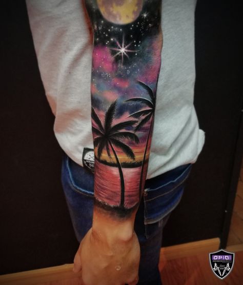 Sunset Cover Up Tattoo, Beach Night Tattoo, Sunset At Beach Tattoo, Sunset Sky Tattoo, Pink Sunset Tattoo, Sunset Tattoo For Men, Hawaiian Sunset Tattoo, Sunset Tattoos For Women, Ocean Scene Tattoo