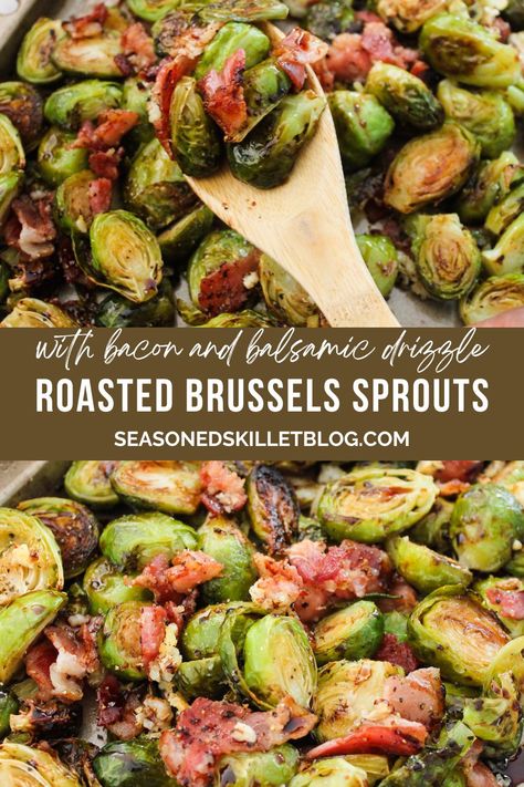 Roasted Brussels Sprouts with Bacon are the perfect side dish for the Thanksgiving and Christmas holidays! The caramelized roasted brussels sprouts, savoury bacon, and tangy balsamic vinegar provide a mouthwatering, irresistible flavour. Make this quick and easy recipe in about 30 minutes. Balsamic Glaze Brussel Sprouts, Roasted Brussel Sprouts Oven, Roasted Brussels Sprouts With Bacon, Balsamic Brussel Sprouts, Crispy Brussels Sprouts, Vegetable Salads, Brussels Sprouts With Bacon, Bacon Brussel Sprouts, Easy Vegetable