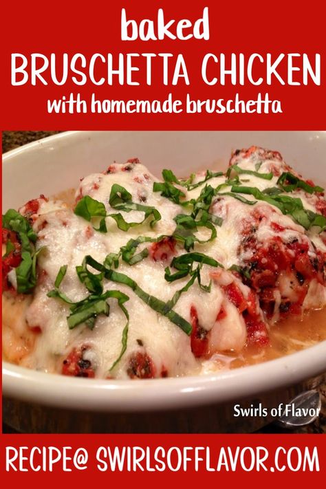 Baked Bruschetta Chicken is an easy weeknight dinner. Homemade bruschetta bakes in the oven with chicken and cheese for an easy chicken casserole. #swirlsofflavor Baked Bruschetta, Chicken Bruschetta Bake, Easy Chicken Casserole, Cheesy Chicken Recipes, Chicken Bruschetta Recipe, Homemade Bruschetta, Flexitarian Recipes, Dinner Homemade, Chicken And Cheese