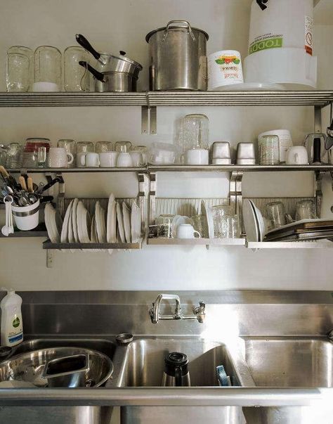 Old Is New: Table on Ten in Upstate New York - Remodelista Dish Rack Shelf, Dish Drying Rack Over Sink Kitchen Ideas, Kungsfors Ikea Hack, Ikea Kungsfors, Kitchen Rack Design, Dish Rack Design, Kitchen Sink Drying Rack, Rack Design Ideas, Budget Storage