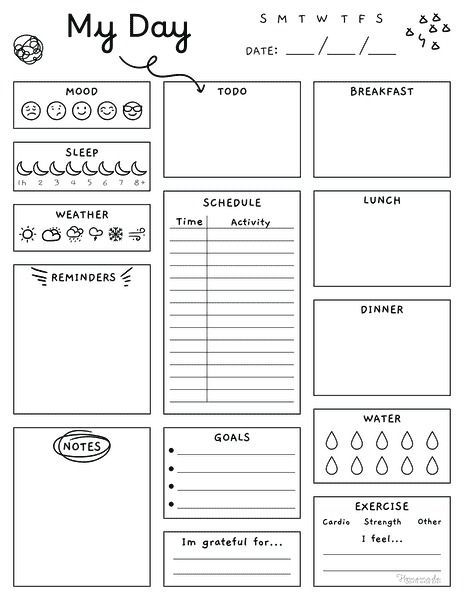 Daily Planner Template Portrait With Doodles Daily Planner Free Download, Diy Daily Planner Notebook Ideas, Planner Monthly Ideas, Journal Templates Printable Free, Good Notes Templates Free Planner, Free Printable Daily Planner Template, Daily Planner Printables Free Pdf, Daily Checklist Template, Cute Daily Planner Template