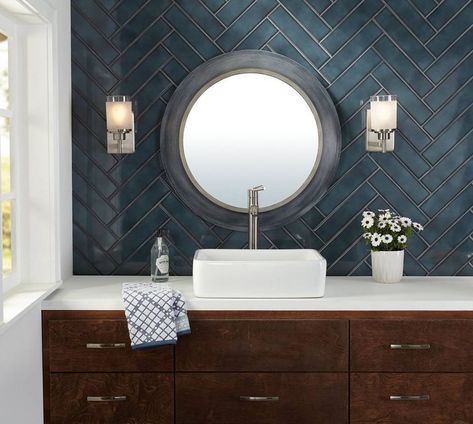 Bathroom Blue Shower Tile, Navy Blue Tile Bathroom, Navy Tile Bathroom, Blue Herringbone Tile Bathroom, Navy Backsplash, Blue Shower Tile Ideas, Blue Shower Tile, Wall Trends, Bathroom Gallery