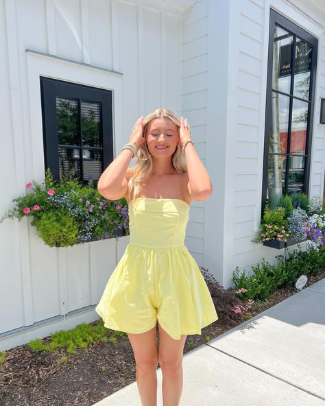 The color of summer🌼✨🍋☀️ Lilly Romper now live!! Preference Round Recruitment, Yellow Romper Outfit, Preference Round Recruitment Outfits, Tube Top Romper, Tube Romper, Smocked Tube Top, Recruitment Outfits, Yellow Romper, Scarf Top