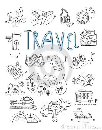 Logo Voyage, Travel Doodles, Camping Icons, Travel Journal Pages, Zestaw Ikon, Travel Journal Scrapbook, Travel Drawing, Doodle Style, Travel Icon