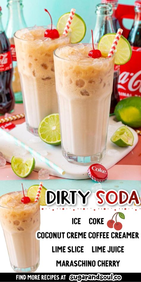 Soda And Creamer, Soda Punch Recipes, Sonic Dirty Soda Recipes, Dirty Soda Bar Recipes, Swig Drink Recipes, Soda Recipes Drinks, Soft Drinks Sodas, Dirty Soda Recipes, Cream Soda Recipe