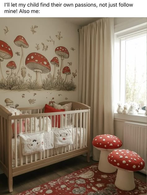 Colorful Woodland Nursery, Fairy Mushroom Nursery, Nursery Ideas Painting, Mushroom Kids Room, Woodland Mushroom Nursery, Hippie Nursery Ideas, Cottagecore Baby Nursery, Mushroom Nursery Theme, Toadstool Nursery