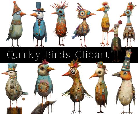 Whimsical Birds, Png Elements, Printable Collage Sheet, Bird Clipart, Atc Cards, Funny Birds, Whimsical Art, Birdy, Bird Art