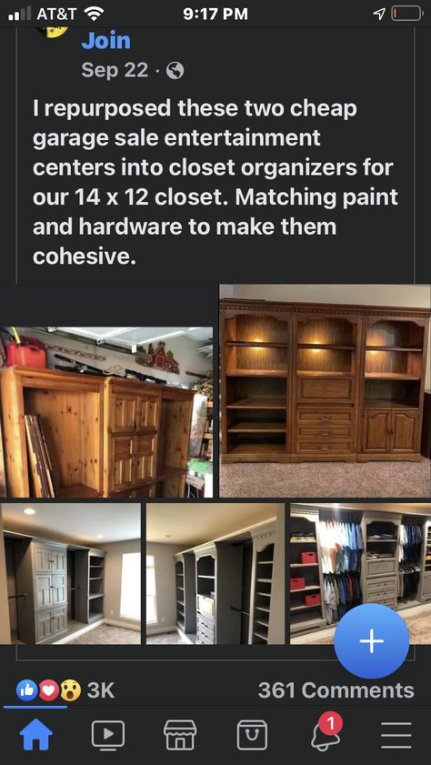 Walk in closet with old entertainment centers Entertainment Center Into Wardrobe, Repurpose Wall Unit, Walk In Closet Repurpose Ideas, Entertainment Center Closet Ideas, Entertainment Center Repurpose Closet, Closet Entertainment Center, Refurbished Entertainment Center Ideas, Entertainment Center Makeover Ideas, Old Entertainment Center Ideas