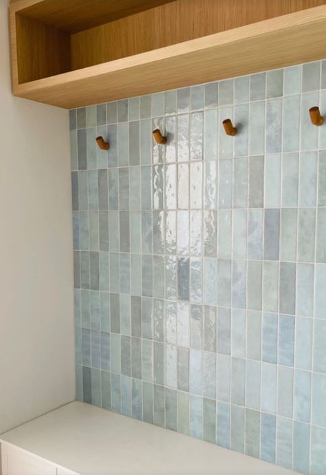 Artisan Aqua Tile, Half Bath Tile Wall, Aqua Bathroom Ideas, Turquoise Bathroom Tiles, Myaree Ceramics, White Shower Tile, Small Attic Bathroom, Blue Kitchen Tiles, Grey Cupboards