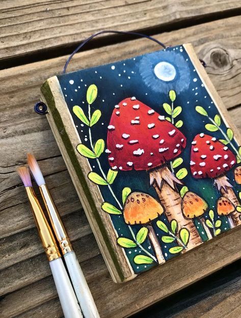 Red and orange mushroom painting on aspen wood Burning On Wood, Mushroom Painting Ideas, Kids Painting Projects, Nature Inspired Painting, Mushroom Painting, Mushroom Paint, Arte Inspo, Paint And Sip, Mushroom Art