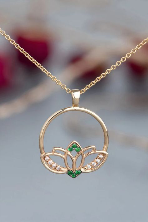 Unique Dainty Lotus Charm Necklace, made of 14k Solid Gold, inlaid with Emerald Gemstones and Zircons, Boho Indian Style Handmade Jewelry. The lotus flower is a symbol of purity, rebirth, and divinity. This dainty gold lotus necklace is a piece of spiritual jewelry that will inspire any women, will awaken the spirit and reflect feelings of balance and peace. The chain and the charm are made of 14k solid recycled yellow gold. Lotus Flower Necklace, Lotus Jewelry, Lotus Necklace, Lotus Earrings, Gold Lotus, Solid Gold Necklace, Emerald Necklace, Gold Necklace Women, Indian Style