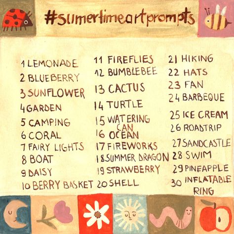 With the weather finally warming up for the summertime, a few good friends and I decided to host an all summer long art challenge to help you get creative! 🥰☺️ All skills and experience levels are welcome to join in, and you can go completely at your own pace - illustrate them all in one month for a challenging sprint, or spend the whole summer enjoying the creative journey! Use them all or use what you like! In order or pick what you feel at the moment! Create mashups or bring in your ideas... Summer Art Challenge, Art Month Challenge, Art Challenges To Do With Friends, Month Art Challenge, Monthly Art Challenge, Creative Prompts, 30 Day Drawing Challenge, Summer Drawings, Long Art