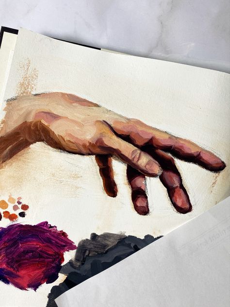 A painting of a hand in a sketchbook Old Hands Painting, Hand Reference Painting, How To Paint A Hand Acrylic, Hand Painting Reference, Aesthetic Hand Painting, Oil Paint Hands, How To Paint A Hand, Hands Painting Aesthetic, Abstract Hand Art