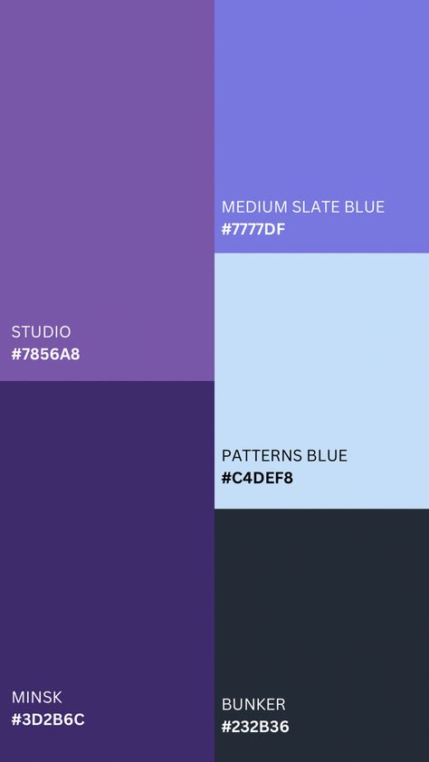 Violet Blue Color Palette, Midnight Purple Color Palette, Blue Purple Colour Palette, Purple And Blue Colour Palette, Purple Brand Palette, Space Prom Theme, Purple Color Palette Colour Schemes, Purple Blue Color Scheme, Purple Blue Color Palette