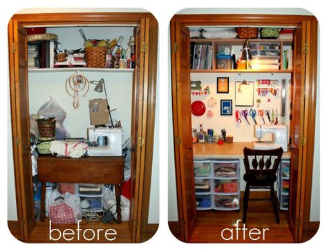 Sewing Closet Revamp; Using Every Inch Wisely! Sewing Closet, Closet Revamp, Sewing Nook, Sewing Area, Closet Redo, Office Closet, Sewing Room Storage, Craft Closet, Sewing Spaces