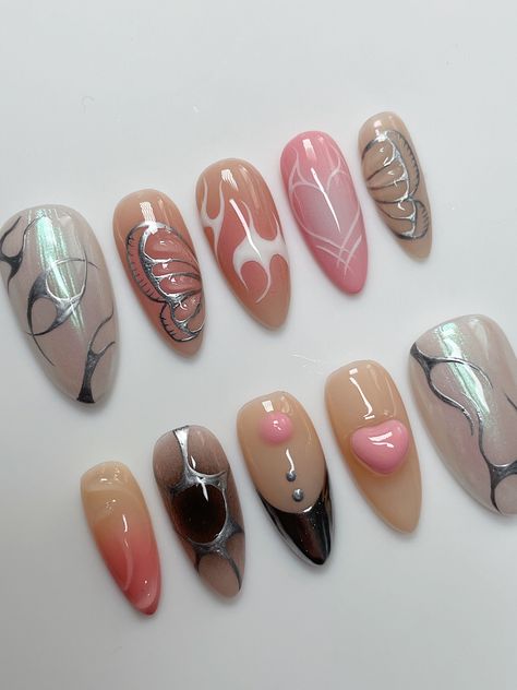 chrome nails, 3d nails, trending nails, grunge nail inspo, butterfly nails, aura nails, mix and match nails Aura Nails With Butterfly, Pink And Metallic Nails, Chrome Metallic Nails, Butterfly Chrome Nails, Mix Nails, Chrome Butterfly Nails, Iridescent Nail Designs, Aura Nails With Chrome, Pink Iridescent Nails